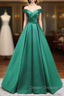 A-Line Off Shoulder Green Satin Long Prom Dress, Green Evening Dress