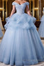 A-Line Off Shoulder Lace Tulle Blue Long Prom Dress, Blue Sweet 16 Dress