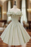 A-Line Off Shoulder Organza Green Short Prom Dress,Cute Homecoming Dress with Beads