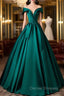 A-Line Off Shoulder Satin Green Long Prom Dress, Green Long Formal Dress