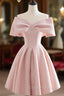 A-Line Off Shoulder Satin Pink Short Prom Dress, Pink Homecoming Dress