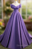 A-Line Off Shoulder Satin Purple Long Prom Dress, Purple Long Evening Dress