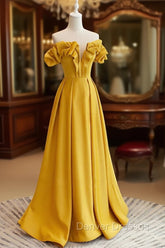 A-Line Off Shoulder Satin Yellow Long Prom Dress, Yellow Formal Evening Dress