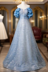 A-Line Off Shoulder Sequin Beads Blue Long Prom Dress Sparkly Evening Dress