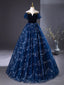 A-Line Off Shoulder Tulle Blue Long Prom Dress, Blue Long Formal Dress With Beads