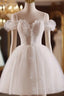 A-Line Off Shoulder Tulle Lace Light Champagne Short Prom Dress