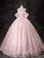 A-Line Off Shoulder Tulle Lace Pink Long Prom Dress, Pink Sweet 16 Dress