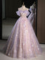 A-Line Off Shoulder Tulle Lace Purple Long Prom Dress, Purple Formal Dress