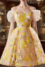 A-Line Off Shoulder Tulle Lace Short Yellow Prom Dress, Yellow Homecoming Dress