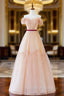 A-Line Off Shoulder Tulle Long Prom Dress, Champagne Formal Dress