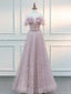 A-Line Off Shoulder Tulle Pink Long Prom Dress, Pink Graduation Dress With Beads