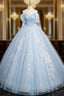 A-Line Off Shoulder Tulle Sequin Blue Long Prom Dress, Blue Sweet 16 Dress