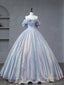 A-Line Off Shoulder Tulle Sequin Blue Purple Long Prom Dress, Sequin Formal Dress