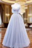 A-Line Off Shoulder Tulle Sequin Gray Long Prom Dress, Gray Tulle Formal Dress