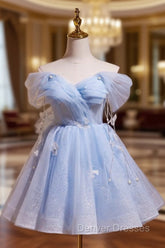 A-Line Off Shoulder Tulle Short Blue Prom Dress, Cute Blue Homecoming Dress