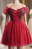 A-Line Off Shoulder V Neck Tulle Burgundy Short Prom Dress With Beads