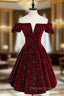 A-Line Off Shoulder Velvet Burgundy Short Prom Dress, Burgundy Homecoming Dress