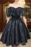 A-Line Off The Shoulder Short Black Lace Homecoming Dress