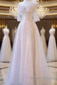 A Line Off The Shoulder Tulle Pink Prom Dress Evening Dress