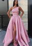 A-line One-Shoulder Long/Floor-Length Satin Prom Dresses With Pockets Waistband Split