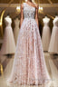 A Line One Shoulder Pink Lace Long Prom Dress, Pink Lace Formal Dress, Pink Evening Dress