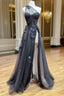 A-Line One Shoulder Tulle Black Long Prom Dress, Black Formal Evening Dress