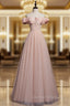 A line Pink Long Prom Dress, Pink Tulle Formal Graduation Dress With Beading