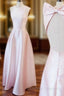 A-Line Pink Satin Backless Floor Length Prom Dress With Bow