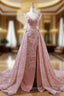 A-Line Pink Sequins V-neck Backless Appliques Wedding Dress