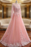 A-Line Pink Tulle Lace Appliques Long Sleeve Prom Dress