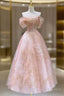 A Line Pink Tulle Lace Off The Shoulder Prom Dress, Formal Evening Dress