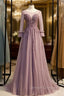 A-line Pink Tulle Long Sleeve Backless Beading Prom Dress