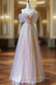 A-Line Pink Tulle Sequins Off the Shoulder Prom Dress