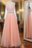 A-Line Pink Tulle Spaghetti Straps Beaded Floor Length Prom Dress