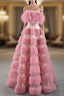 A-Line Pink Tulle Strapless Sleeveless Prom Dress With Feather