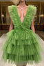 A Line Pink V Neck Tiered Homecoming Dress,Tulle Short Prom Party Dress