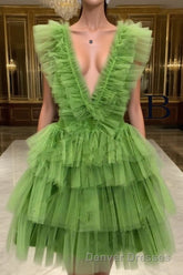 A Line Pink V Neck Tiered Homecoming Dress,Tulle Short Prom Party Dress