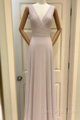 A-Line Pleated Chiffon V-Neck Long Bridesmaid Dress