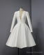 A-Line Plunge Neck Tea Length Satin Wedding Dress