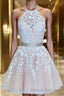A-Line/Princess Halter Short/Mini Tulle Homecoming Dress With Appliques Lace