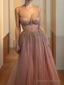 A-Line/Princess Spaghetti Straps Floor-Length Tulle Prom Dresses With Beading