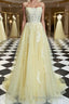 A-Line/Princess Spaghetti Straps Sweep Train Tulle Prom Dress With Appliques Lace