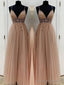 A-Line/Princess V-neck Floor-Length Tulle Prom Dresses With Beading