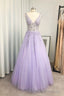 A-line/Princess V Neck Long/Floor-Length Tulle Prom Dresses With Beading Sequins