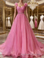 A-Line/Princess V-neck Sweep Train Organza Prom Dress With Ruffles
