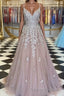 A-Line/Princess V-neck Sweep Train Tulle Prom Dress With Appliques Lace