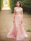 A-Line/Princess V-neck Sweep Train Tulle Wedding Dresses With Appliques Lace