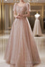 A-Line Prom Dress Elegant Dress Engagement Prom Floor Length Half Sleeve Square Neck Satin With Appliques