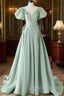 A-Line Puff Sleeves Green Long Prom Dress, Green Formal Dress