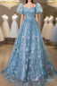 A-Line Puff Sleeves Lace Gray Blue Long Prom Dress, Gray Blue Formal Dress